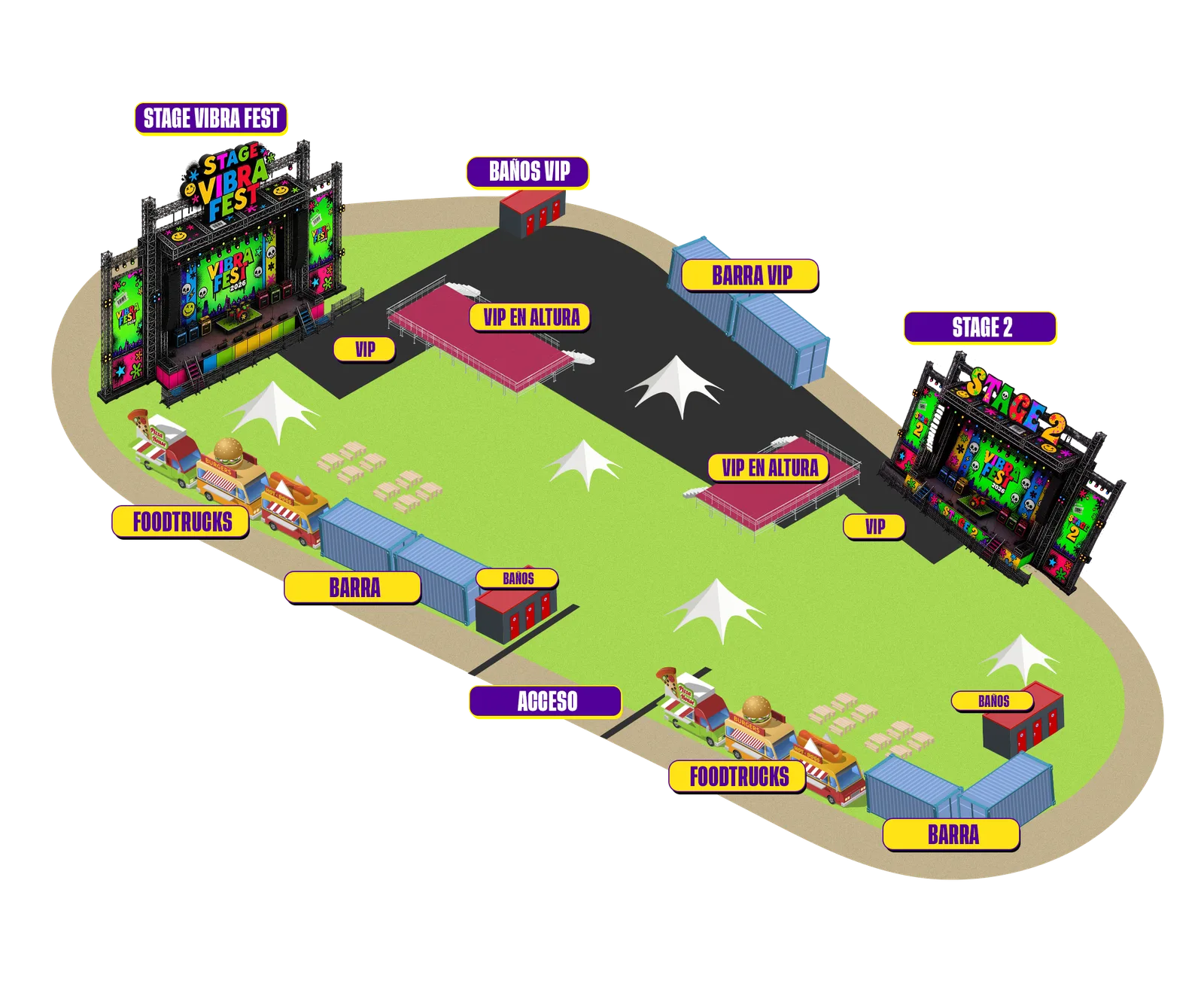 Mapa del festival: Stage Vibra Fest y Stage 2 en los extremos del Hipódromo, zonas VIP y VIP en Altura al centro, barra VIP y baños VIP al norte, foodtrucks, barras y baños en ambos sectores, acceso por el sur